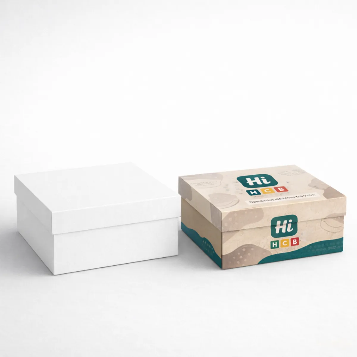 A pair of closed square footwear boxes- featuring a plain white version and a branded version- class=